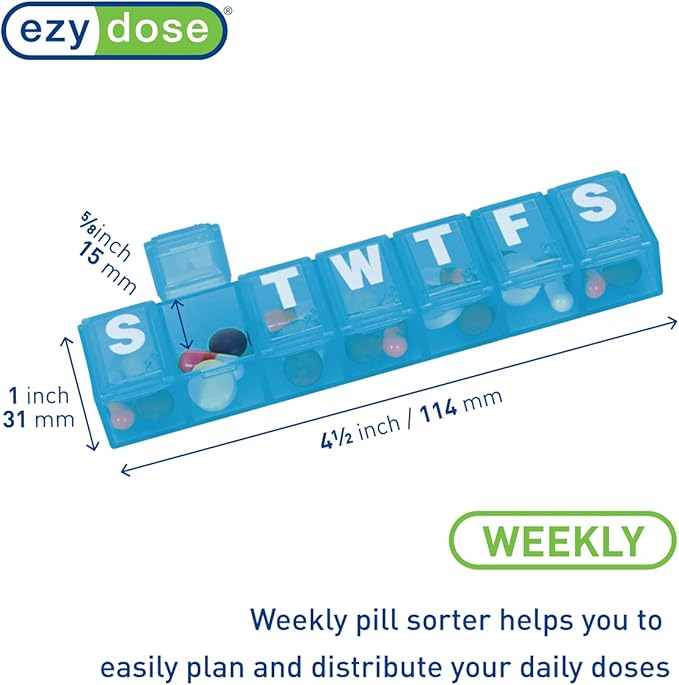 EZY DOSE Weekly (7-Day) Daily Pill Case, Medicine Planner, Vitamin Organizer, Supplement Container Box, Small Compartments, Travel Friendly and Convenient, Color May Vary (Randomly Selected), BPA Free