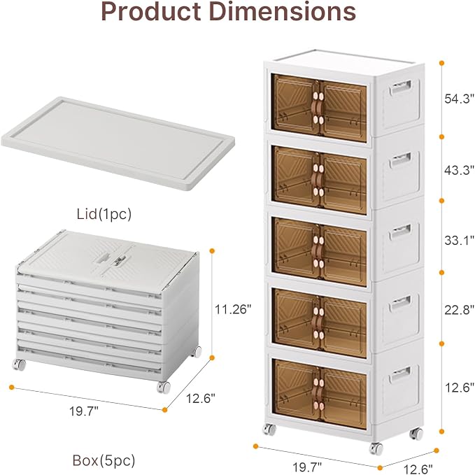 Stackable Storage Bins with Lids, 240QT Lockable Storage Cabinet | Closet Organizers, Foldable Storage Box with Doors and Wheels, Plastic Drawers for Home, Garage, Office (5, White, Medium)