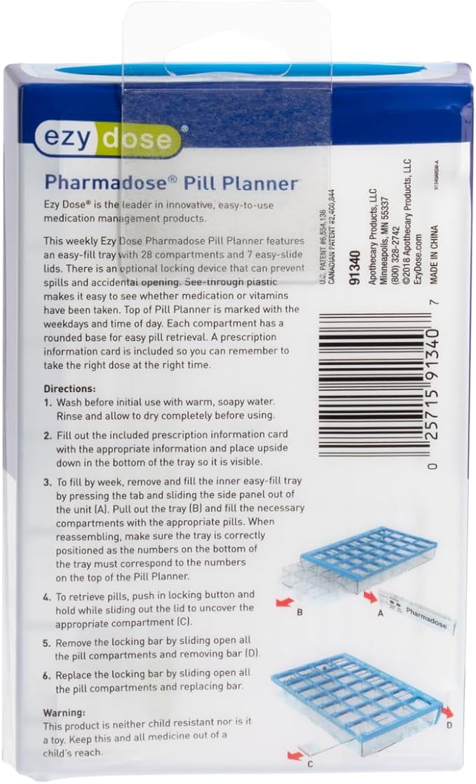 Ezy Dose Pharmadose Weekly 7-Day, 4X/Day Pill Organizer, Green, Small | 28 Small Compartment Pill Case, Medicine Planner, Vitamin Organizer with Easy Fill Tray, BPA Free