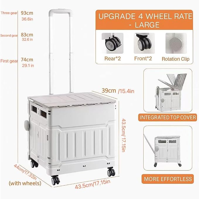 Foldable Utility Cart, Portable Rolling Crate with 360° Rotating Wheels, Detachable Lid,Telescoping Handle, Collapsible Trolley for Travel, Office, Grocery, and Storage (Extra Large Gray)