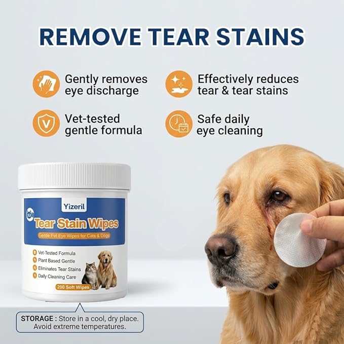 Dog Eye Wipes - 200 Count Pet Tear Stain Wipes for Dogs and Cats, Soft Round Pads for Daily Eye Cleaning Discharge Crust Debris
