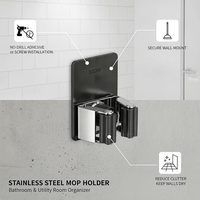 Stainless Steel Mop and Broom Holder Wall Mount, No-Drill Adhesive or Screw-In Hook for Bathroom, Laundry, Garage Organization (1 Pack)