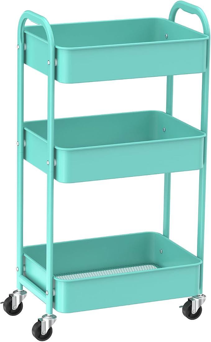 MAX Houser 3-Tier Rolling Utility Cart with Caster Wheels,Easy Assembly, for Kitchen, Bathroom (Turquoise) | Easy Assembly, multi-purpose storage trolley for kitchen, rolling cart with smooth caster wheels for bathroom
