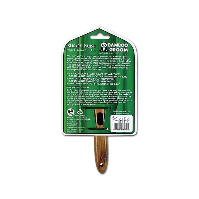 Alcott Bamboo Groom Slicker Brush with Stainless Steel Pins for Pets, Large, Brown