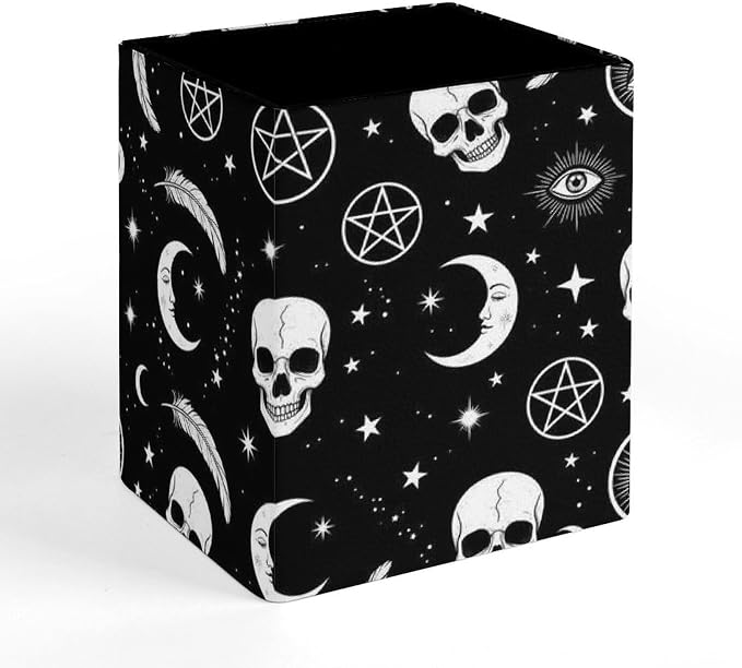 Pen Pencil Holder for Desktop, Pu Leather Stationery Organizer Goth Raven Crow Skull Moon Star Gothic Witch Eyes Square Pencil Cup Office Accessories Container Box