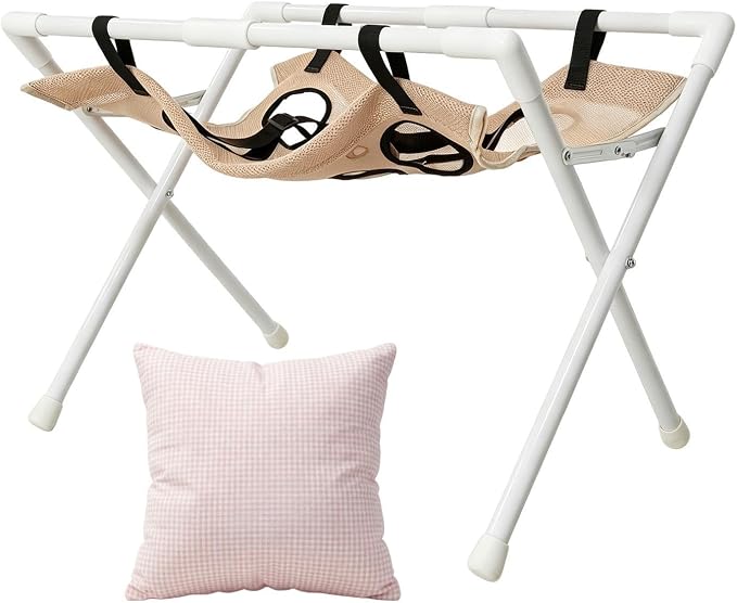 Dog Grooming Hammock Frame - Bath Chair | Foldable Support Stool for Pet | 61x35x42cm | Washable Mesh Restraint Stand | Heavy-Duty Bath Stool With Pink Pillow For Small Medium Breed Dog, Puppy, Cat