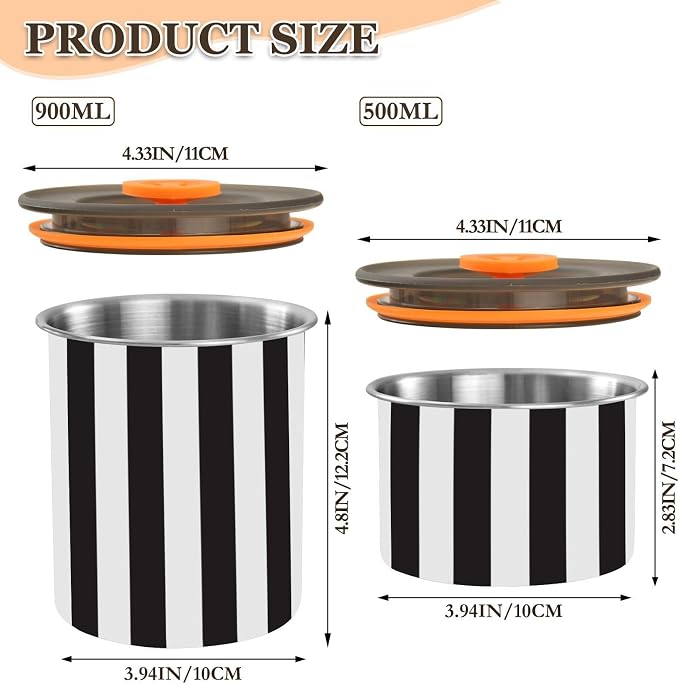 Black and White Stripes Airtight Food Canister, 30oz Stainless Steel Storage Jar for Coffee Beans Tea Grains Snacks, Kitchen Organizer Decor