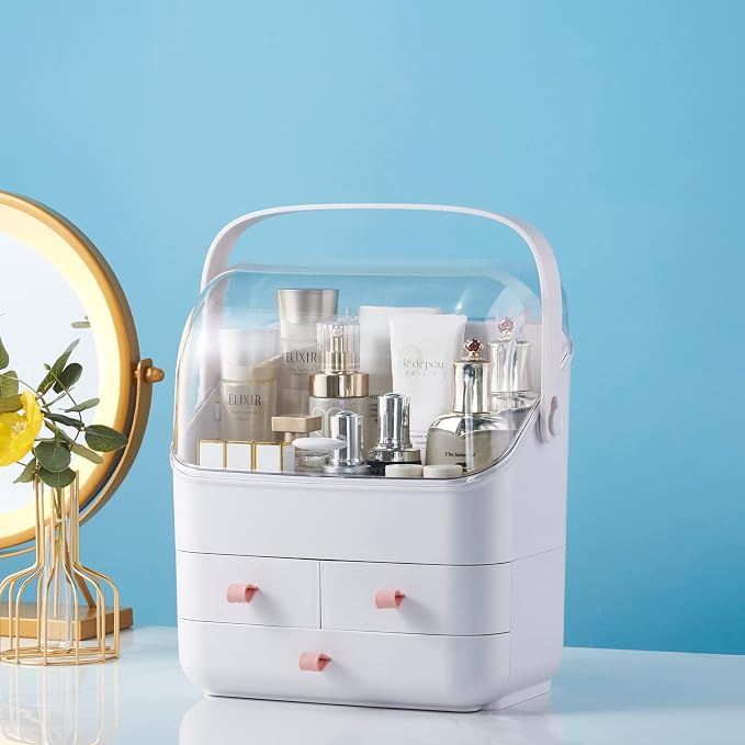 SUNFICON Makeup Organizer Cosmetic Organizer Makeup Storage Holder Box Crystal Clear Lid w Handheld 3 Drawers Dustproof Waterproof for Vanity Bathroom Countertop Birthday