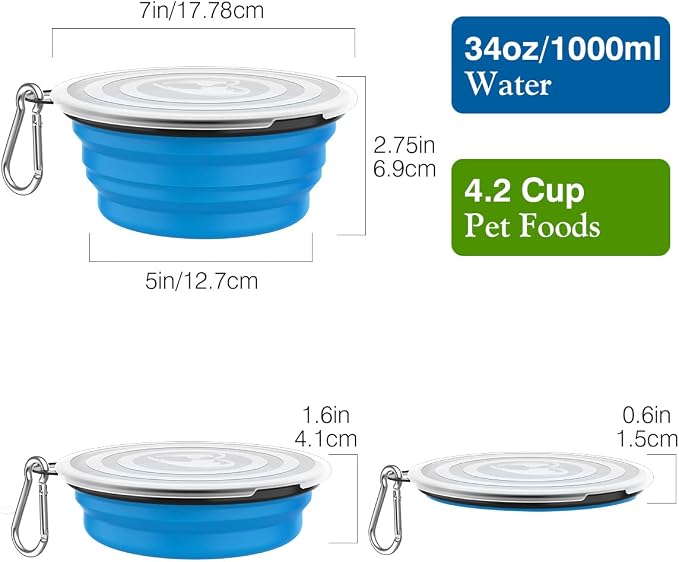 Pawaboo Collapsible Travel Dog Bowls 2 Pack with Lids&Carabiners Silicone | Feeding Watering Bowls for Dogs Cats, Collapsable Water Feeder Food Bowl for Walking Traveling Home Use, Blue + Green