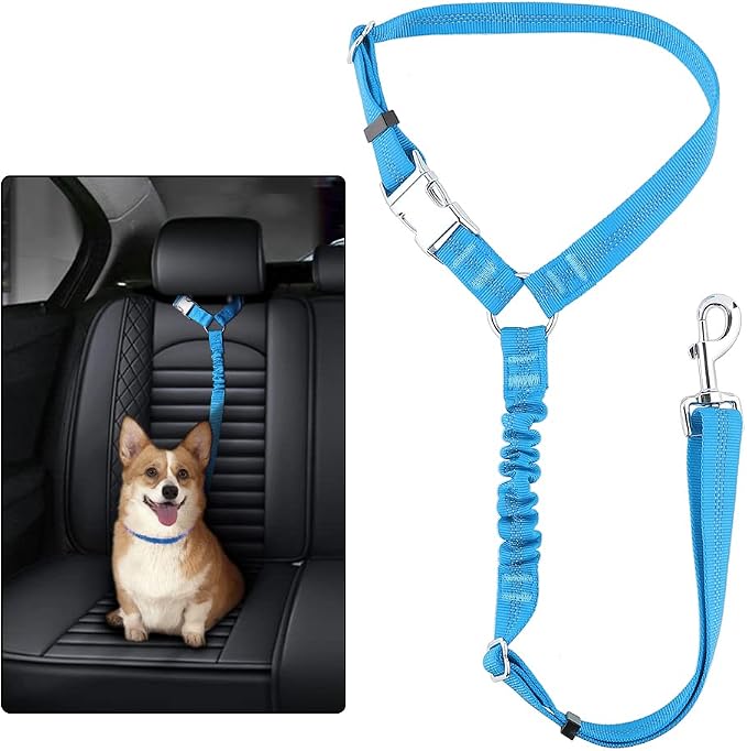 Plutus Pet Dog Seat Belt for Car Headrest, Reflective with Elastic Bungee | Adjustable Restraint for Safety, Vehicle Seatbelt Harness for Small Medium Large Dogs and Cats, Blue