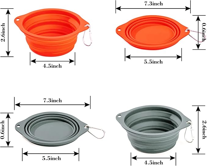2 Pack Silicone No Spill Collapsible Travel Dog Feeding Bowls | Food-Grade Silicone, BPA Free, Travel Pet Bowls, with Carabiner Clip for Hiking, Durable & Quality, Dishwasher Safe