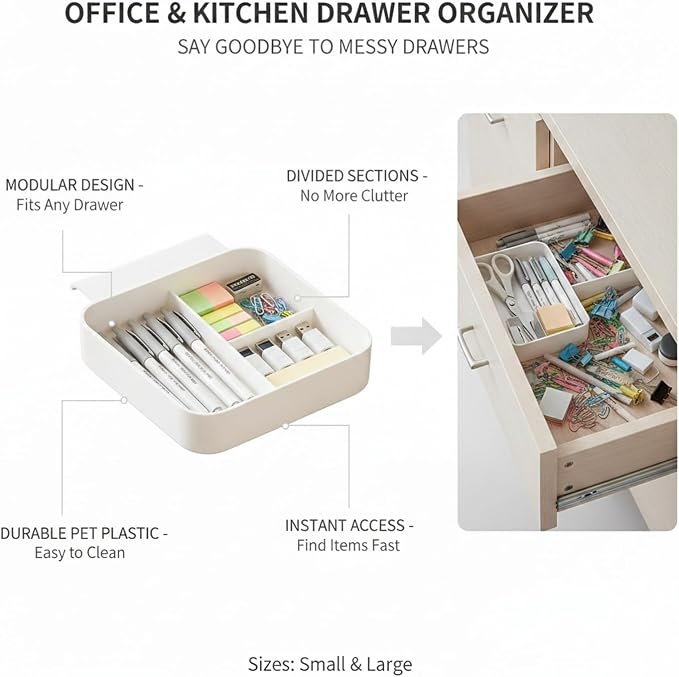 White PET Plastic Drawer Organizer Bin with Dividers for Office Desk and Kitchen Storage - Durable Small Item Separator (1 Piece)