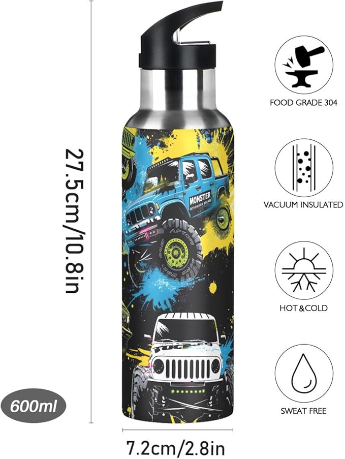 Trucks Water Bottle with Straw Lid Kids Insulated Stainless Steel Water Flask Sports, 20 Oz Hot Cold