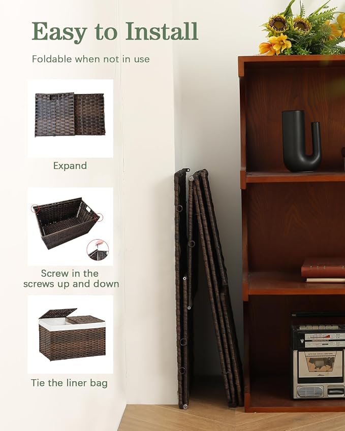SETVSON Storage Basket with Lid Wicker Baskets for Storage, 160L Brown | 42.3 Gallon Storage Bin with 2 Separate Lids, 2 Removable Liners for Clothes & Blankets, Sturdy Metal Frame, PE Rattan