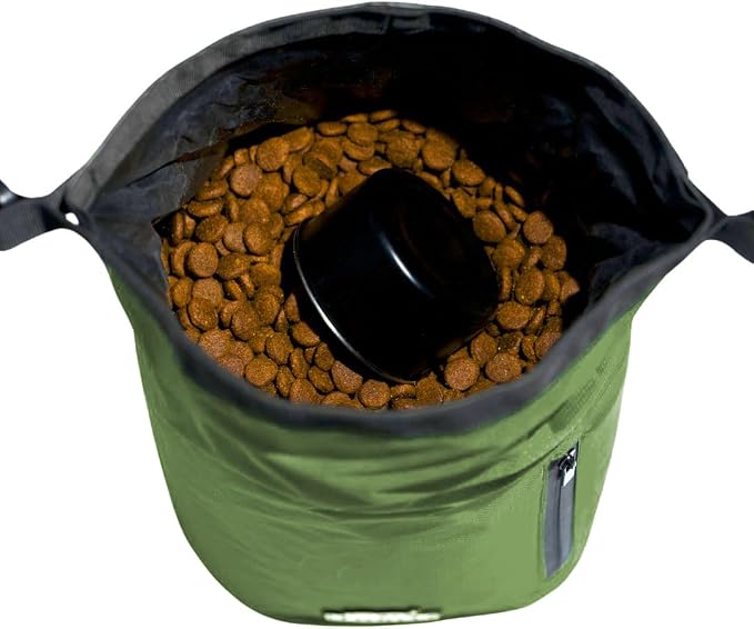 Callieco Dog Food Travel Bag w/ 1 Cup Scoop and Zipper Side Pocket | Waterproof Kibble Storage Container for Home, Road Trips, Camping, Boarding and More (Green, 64 Cups)