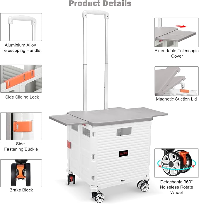Foldable Utility Cart Collapsible Portable Crate Rolling Carts with Wheels Tote Basket with Magnetic Lid Telescopic Cover Wear-Resistant 360°Rotate Wheel Noiseless for Shopping Storage Office Use