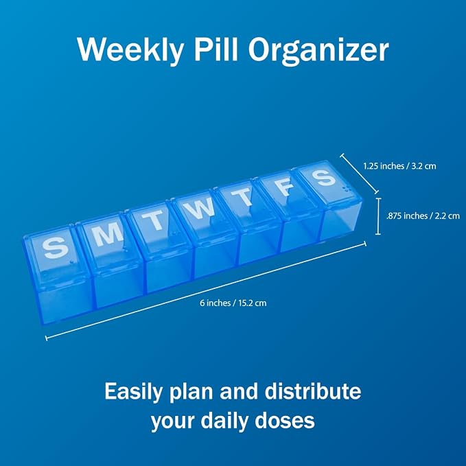 Amazon Basic Care 7-Day Weekly Pill Organizer, Portable Medicine and Vitamin Planner Box with Medium Compartments, Blue