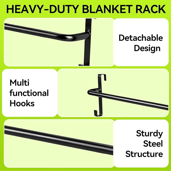 2Pcs Heavy Duty Horse Blanket Rack with Bridle Hooks | No-Drill Wall Mounted Portable Blanket Bar, Saddle Pad Rack for Horse Tack Storage, Ideal for Barn & Tack Room Use, Black