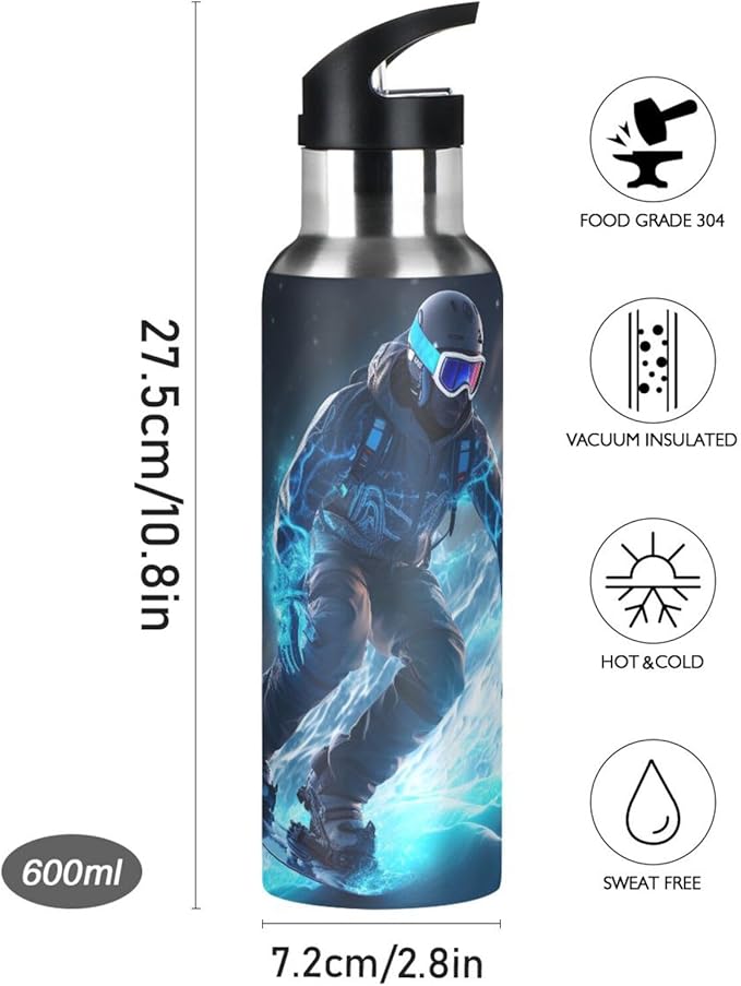Skier Ski Water Bottle with Straw Lid Kids Insulated Stainless Steel Water Flask Sports, 20 Oz Hot Cold