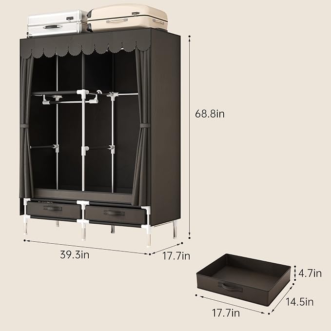 Portable Wardrobe Closet for Bedroom, Small Storage Organizer with 2 Drawers and 2 Hanging Rods, Includes Dust Cover.(Brown, 39.3 in)