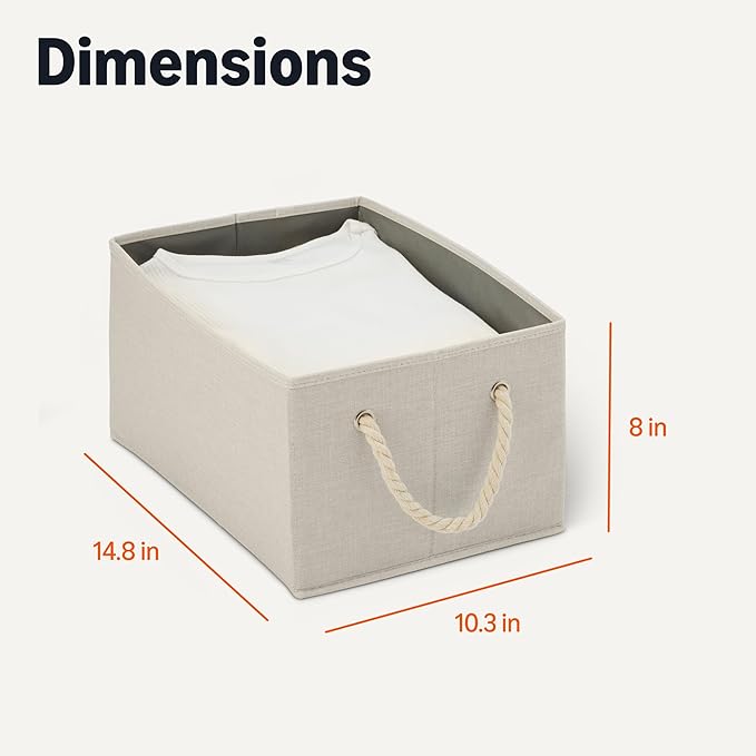 Amazon Basics Foldable Storage Bins with Rope Handles, Closet Organizers, Large, Linen, 3-Pack
