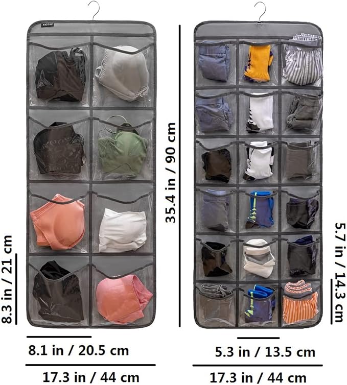 Dual-Sided Hanging Closet Organizer for Socks Underwear Bra Kids Storage Organizer for Baby Clothes Toddler Shoes with 26 Pockets (Purple-Clear Pockets)