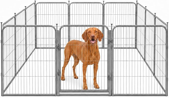 Indoor Dog Playpen - 32 inch, 12 Panels for Small and Medium Size Dogs - Play Pen w/Extra Wide Gate - Heavy Duty Metal Portable Pet Fence with Grey Anti-Rust Coating