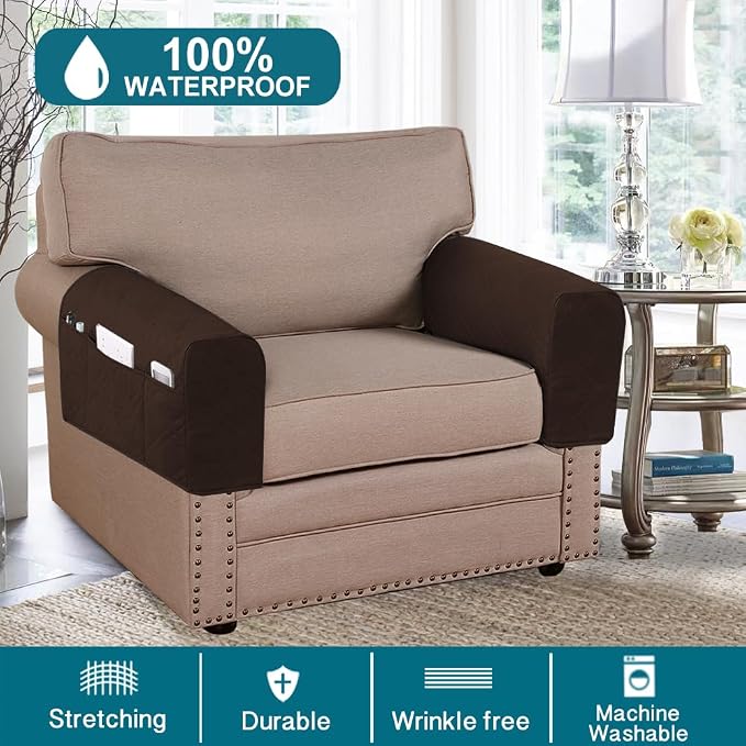 2-Pack Waterproof Armrest Covers for Couches & Chairs – Anti-Slip Furniture Protectors with Side Pockets, Washable Sofa Arm Covers, Universal Stretch Fit (Fits Most Armrests) (Brown)