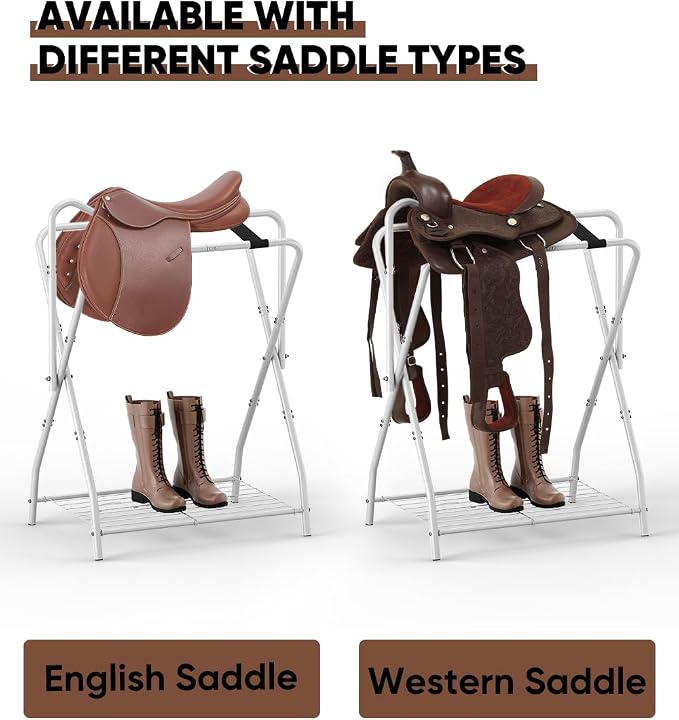 Queension Foldable Saddle Rack with Bottom Storage for Horse Stable, White | Portable Horse Saddle Stand for English & Western Saddles, Saddle Pad Rack for Horse tack, Horses Blanket
