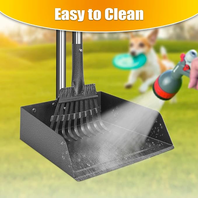 TOOGE Metal Pooper Scooper for Dogs Heavy Duty Long Handle Rake & XL Tray | Poop Scooper for Large Dogs with 9”W 9.5”L Extra Large Tray for Yard, Grass, Dirt & Gravel
