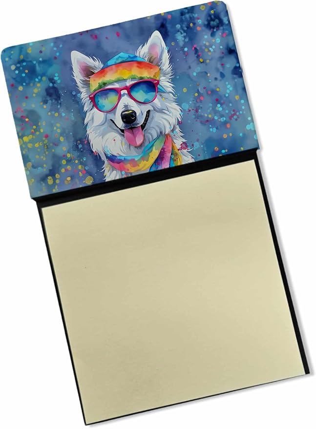 Caroline's Treasures American Eskimo Hippie Dawg Sticky Note Holder Refillable Dispenser Self-Sticky Note Pads, Memo Pads Blank Desk Accessories