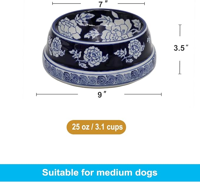 Aimusego Vintage Blue Ceramic Dog Bowls, Dog Food Feeding Dish for Medium Dogs Cats, Heavy Chinoiserie Porcelain Pet Bowl for Water,Durable & Easy to Clean-9inch