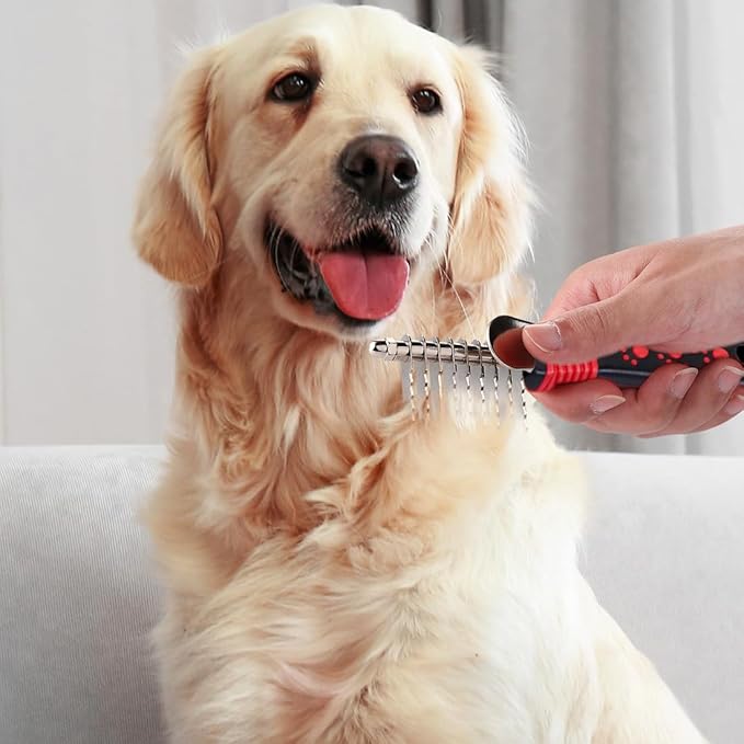 QUMY Dog Comb for Dematting, Stainless Steel Pet Grooming Comb, Removes Dead, Matted or Knotted Hair, Finishing and Fluffing, Comfort-Grip Handle - Pack of 1