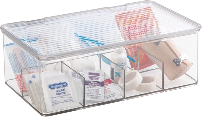 mDesign Plastic First Aid Kit Storage Box with Clear Top Lid for Bathroom, Kitchen, Cabinet, Closet, Drawer - Organizes Medicine, Ointments, Adhesive Bandages, Dental, 8 Divided Sections - Clear