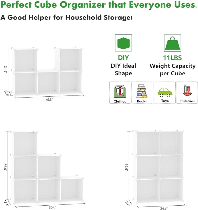C&AHOME 6-Cube Storage Organizer Cube Shelf Closet Storage Bookcase, Milky | Stackable Cubby Storage, Bookshelf, Portable Plastic Storage Closet Organizer, DIY Modular Shelving Units for Home, Wardrobe