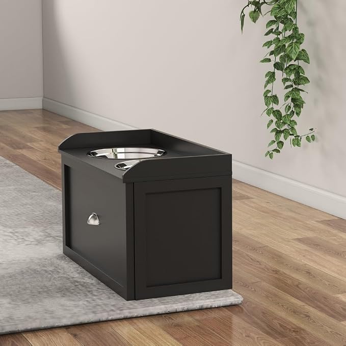 Elevated Dog Feeding Station with Storage Drawer and Stainless Steel Bowls for Large Dogs, Black Pet Food Organizer