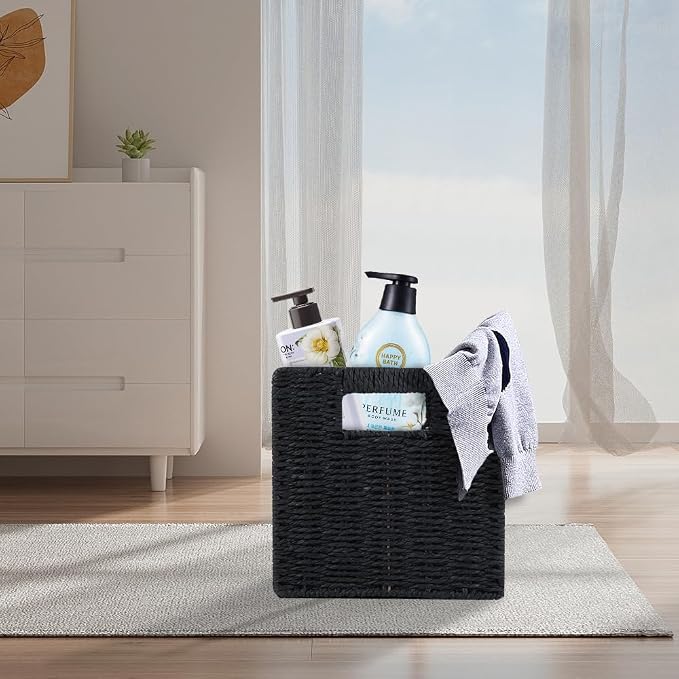 6 Pack 8.7 Inch Wicker Baskets | Hand Paper Rope Storage Baskets，Foldable Cube Storage Bins Organizer Square Wicker Cubes for Shelves (Black)