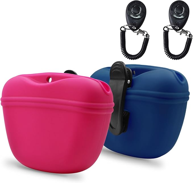 AUDWUD Silicone Dog Treat Pouch with Clicker Magnetic Closure Secure Clip | Upgraded clip keeps your treat pouch secure during training.Magnetic closure allows fast one hand access.Includes dog click