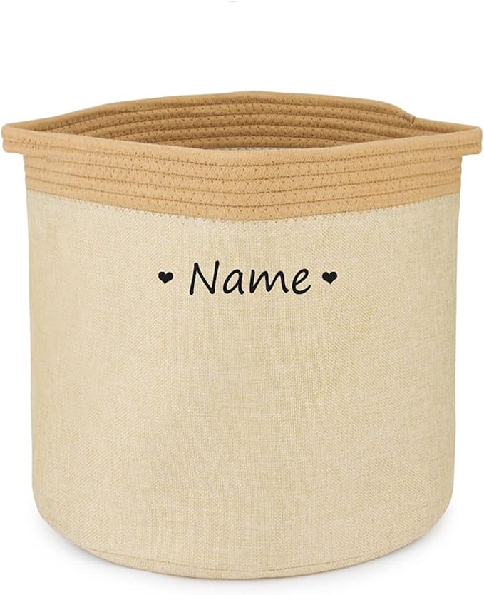 Personalized Dog Toy Storage Basket Bin Collapsible Customized Pet's Name Round Storage, Organizer for Dog Toys、Clothing、Apparel & Accessories with Box (Heart Yellow Khaki)