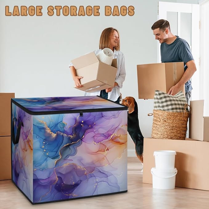 Purple Blue and Gold Marble Large Storage Bags, Fabric Bed Storage Containers, Foldable Closet Organizers for Blanket, Clothing, Comforter, Bedding, Abstract Modern