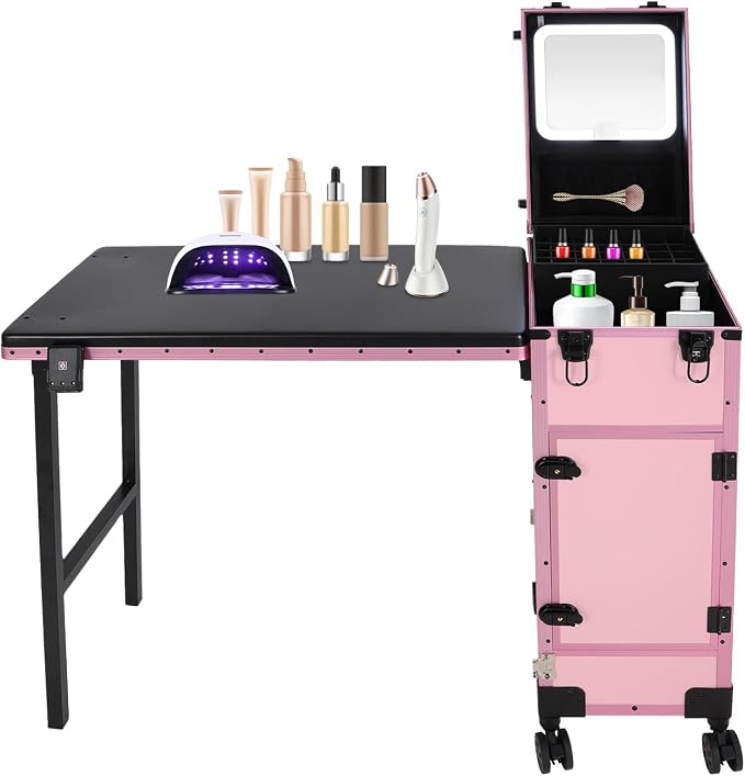 Rolling Makeup Case with 3 Drawers, Portable Manicure Table Lockable Makeup Train Case Portable Nail Table with Storage with LED Light & Key for Hair Barbers/Stylists, Makeup Enthusiasts