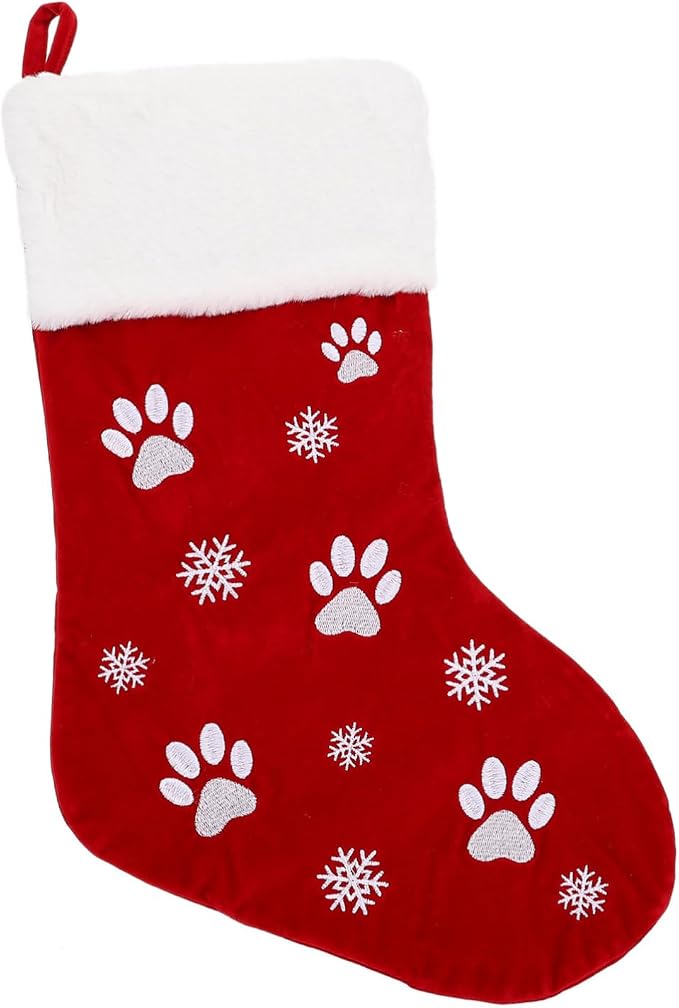 1pc Christmas Stocking Decor Pet Paw Print Embroidered Hanging Sock for Holiday Decorations Adorable Candy Storage for for Boys and Girls Christmas