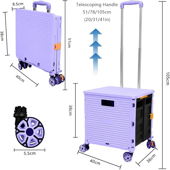 FELICON SELORSS Foldable Utility Cart Folding Portable Rolling Crate-Purple | Durable,Heavy Duty,Plastic Box,Telescoping Handle,4 Rotate Wheels,Collapsible Handcart for Travel Shop Move Luggage Office