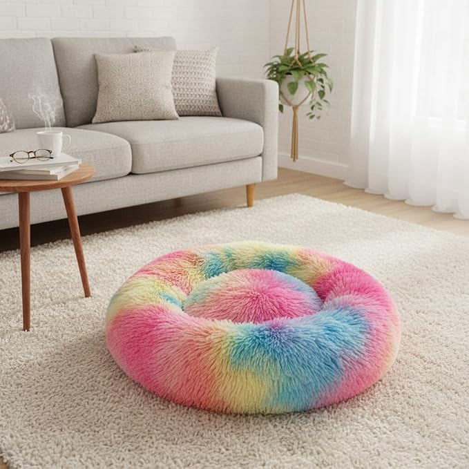 Cat Beds for Indoor Cats, Calming Dog Bed for Small Dogs & Pet, 13.5in | Donut Cama Para Gatos, Machine Washable, Anti-Slip & Water-Resistant Bottom, Deep Sleeping Fluffy Donut to 7Lbs, Small