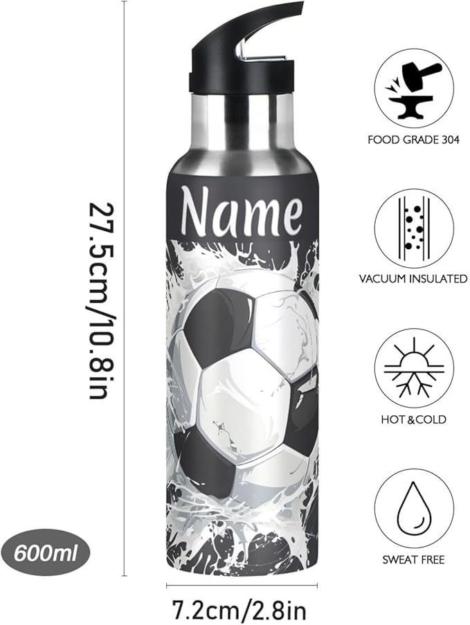Custom Name Soccer Ball Water Bottle with Straw Lid Kids Insulated Stainless Steel Water Flask Sports, 20 Oz Hot Cold