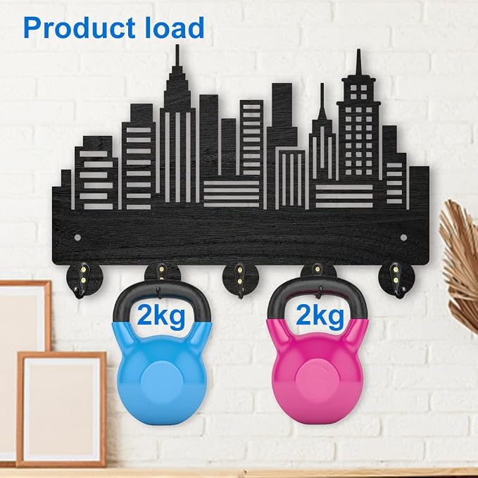 MAYJOYDIY Wood City Skyscraper Coat Rack Wall Mount 11.8×7.9inch Modern City Building Key Holder for Wall 5 Alloy Hooks Wall Art Decor Black Hook Rack for Office Entryway Living Room Gift