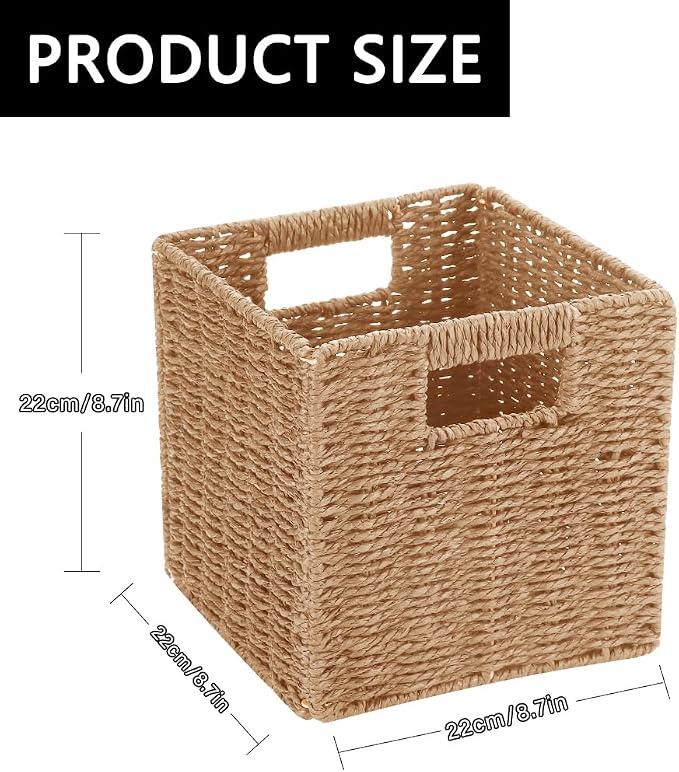 6 Pack 8.7 Inch Wicker Baskets, Hand Paper Rope Storage Baskets | Foldable Cube Storage Bins Organizer Square Wicker Cubes for Shelves Pantry Organizing & Decor