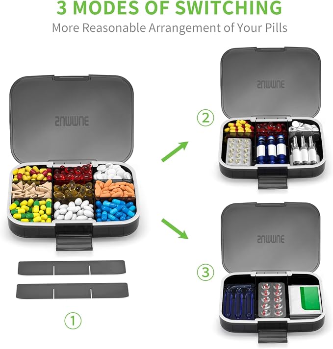 Large Pill Organizer, 9 Compartments Portable Travel Pill Box Case Moisture Proof, XL Pill Container Holder for Vitamins, Cod Liver Oil, Supplements, Medication (Black)