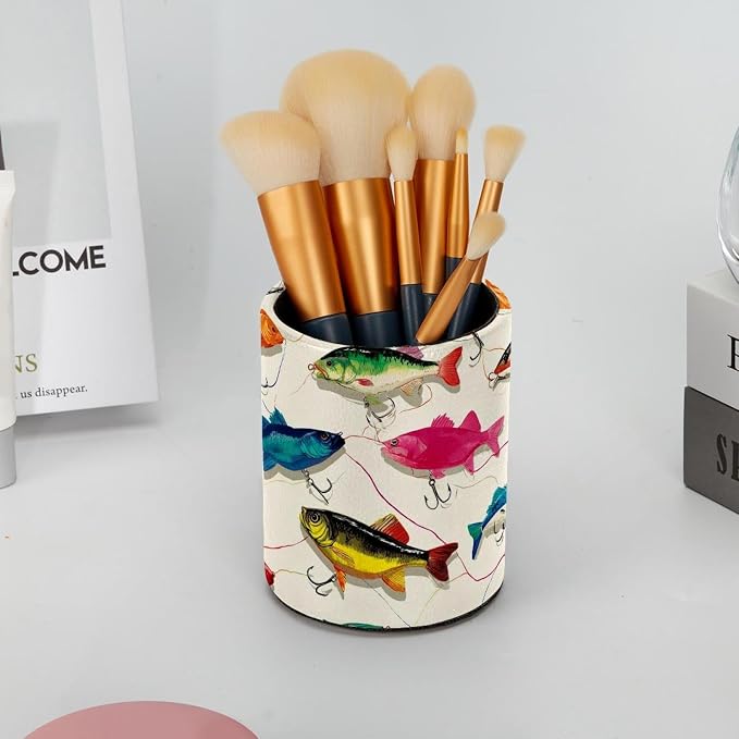 Faux Leather Pen Holder for Desk, Pencil Organizer Fish Pen Cup Desk Decor Makeup Brush Holder Storage for Office Home