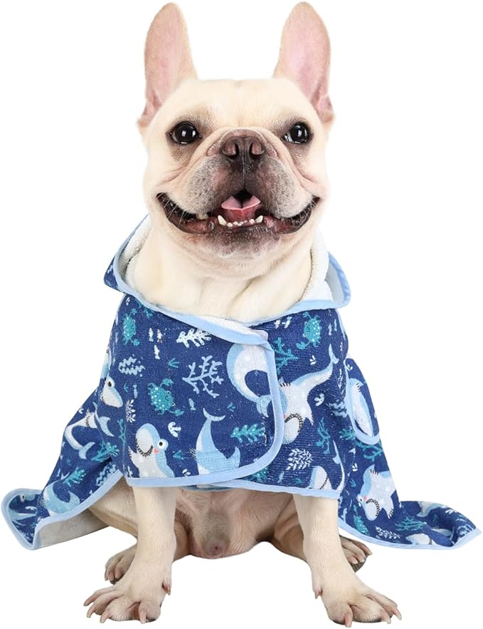 HDE Dog Bathrobe Super Absorbent Quick Drying Puppy Towel Wrap Coat Adjustable After Bath Robes with Hood for Dog Sizes S-XXL Sharks S
